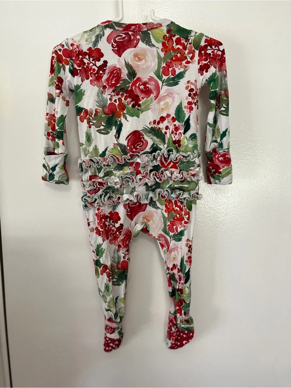 Posh Peanut White Floral Zip-Up Footed One-Piece - Red & Green